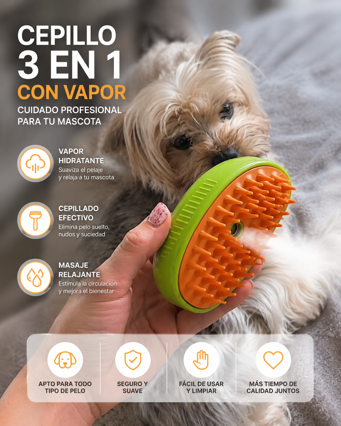 Cepillo de Vapor 3 en 1 para Perros y Gatos | Masaje, Aseo y Antiestática