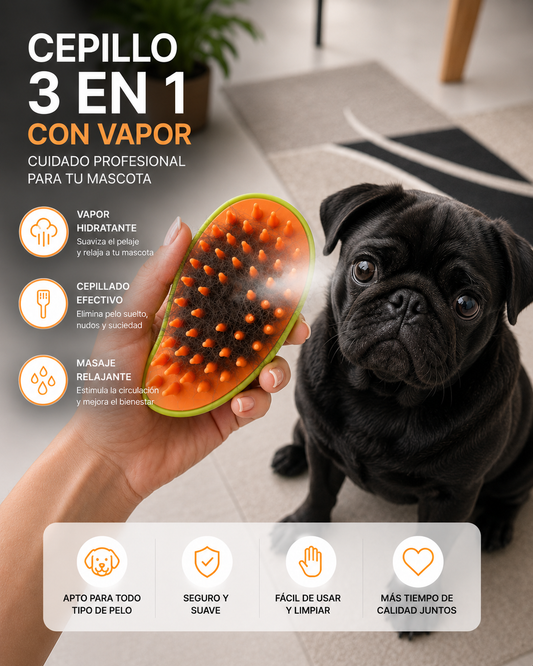 Cepillo de Vapor 3 en 1 para Perros y Gatos | Masaje, Aseo y Antiestática